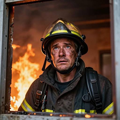 Photograph of a grim-faced, dirty male firefighter with blackened face and helmet, standing in a burning building's window frame.