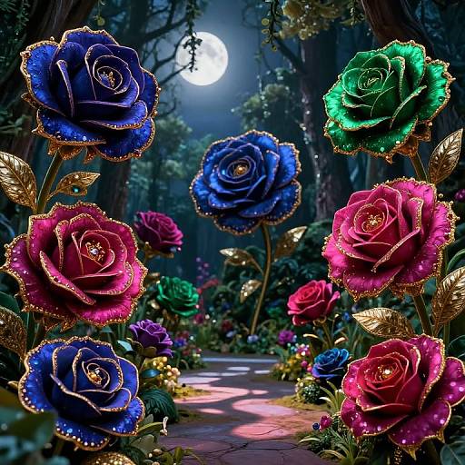 Digital artwork of vibrant, glowing roses in blue, green, pink, and red, illuminated by moonlight in a dark, enchanted forest.