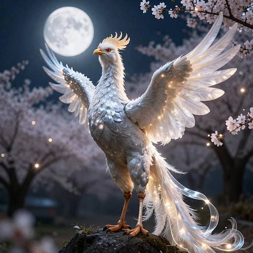 Majestic Phoenix Under Moonlit Cherry Blossoms
