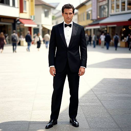 Photograph of a handsome man in a black tuxedo with bow tie, standing confidently in a sunlit, bustling European street.