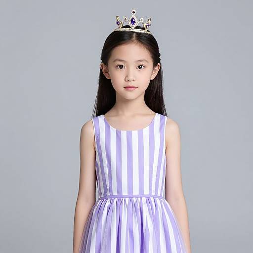 Photograph of an Asian girl with long black hair, wearing a purple and white striped sleeveless dress and a jeweled tiara, standing against a