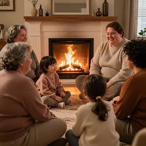 Photograph of six people, including two adults and four children, sitting in a cozy living room around a lit fireplace, laughing and smiling together. Warm