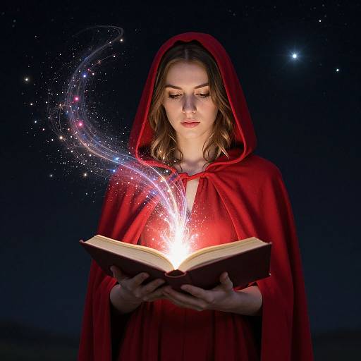 Photograph of a woman with fair skin, brown hair, and red hooded cloak, holding an open book, with glowing magic swirls and stars