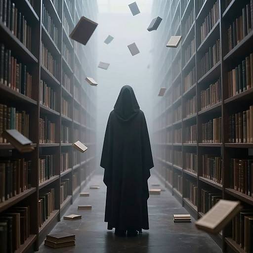 Mystical Cloaked Figure in Endless Library
