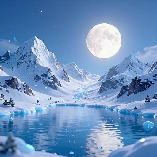 Digital artwork of a glowing moonlit snowy mountain landscape with a reflective blue lake, scattered icebergs, and tiny figures in the distance.