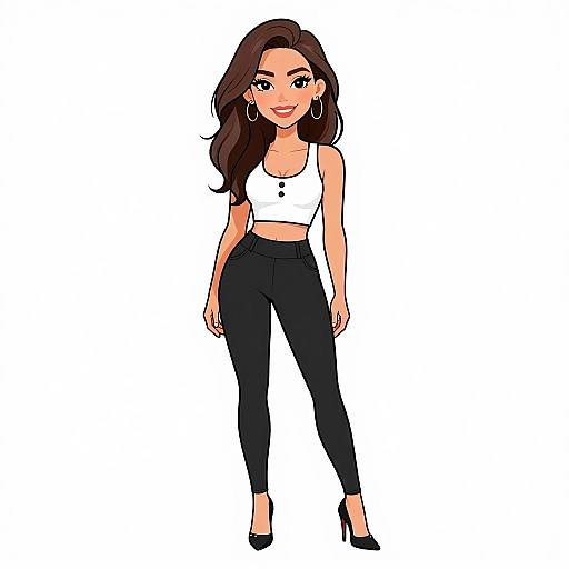 Cartoon-style digital illustration of a confident woman with long brown hair, wearing a white crop top, black high-waist pants, and black heels