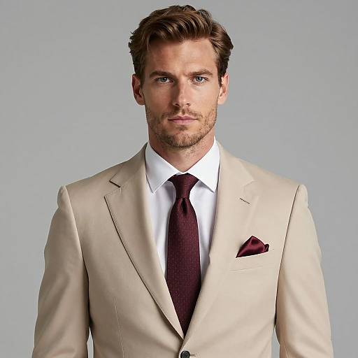 Handsome Man in Beige Suit with Maroon Tie