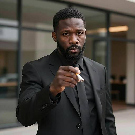 Man in Black Suit Holding Cigarette