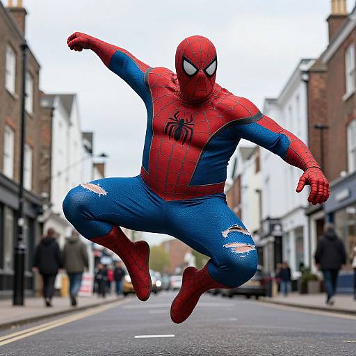 Photograph of Spider-Man in red and blue suit, mid-air jump, on a city street with blurred pedestrians and buildings.