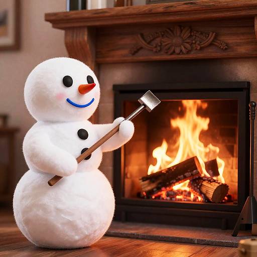 Cheerful Snowman by the Fireplace