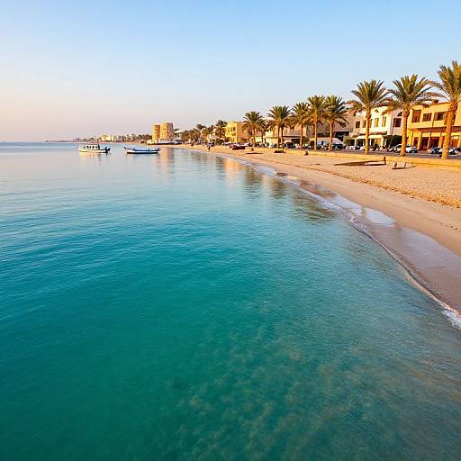 Photograph of a serene beach with clear turquoise water, lined with palm trees and sunlit buildings under a bright blue sky.
