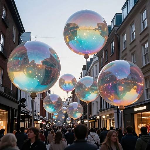 Whimsical Urban Dreamscape with Floating Spheres