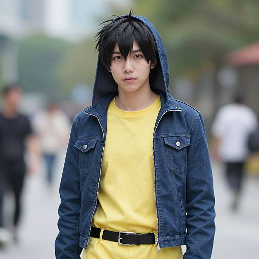 Young Asian man with spiky black hair, wearing a yellow shirt, blue denim jacket, and hood up, standing in a blurred urban street. Phot