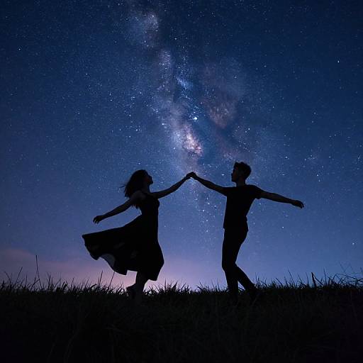 Silhouetted couple dancing under a starry night sky with the Milky Way, holding hands, against a grassy hill. Photograph.