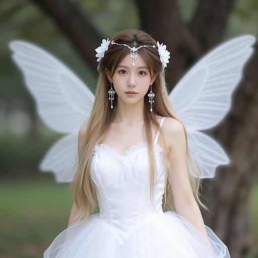 Photograph of a young Asian woman with long blonde hair, wearing a white fairy dress, wings, and floral headpiece, standing in a forest.