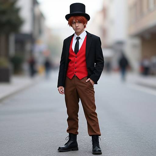 Photograph of a young man with red hair, wearing a black top hat, red vest, black jacket, white shirt, black tie, brown pants