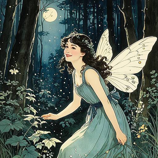 Cheerful Fairy in Dim Magical Forest
