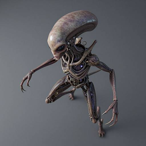 Photorealistic CGI of a sleek, metallic Xenomorph-like creature with a glossy, elongated head, black exoskeleton, and spider-like