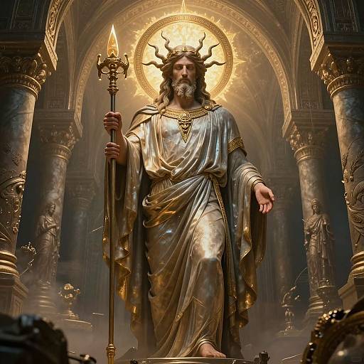 Digital artwork of a bearded, crowned, glowing Jesus with a golden halo, holding a staff, in an ornate, dark cathedral.