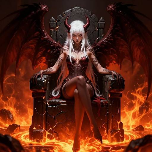 Digital art of a white-haired, red-eyed demon queen with black wings and red horns, sitting on a black stone throne amidst fiery orange flames, legs