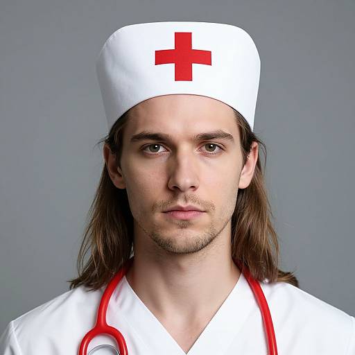 Photograph of a young, long-haired Caucasian man with a light beard, wearing a white nurse's cap with a red cross, white uniform, and