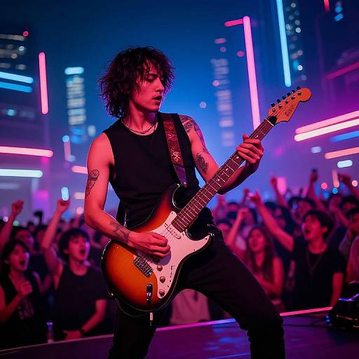 Photograph of a muscular, tattooed male guitarist with curly black hair, playing a sunburst electric guitar on a neon-lit stage, surrounded by
