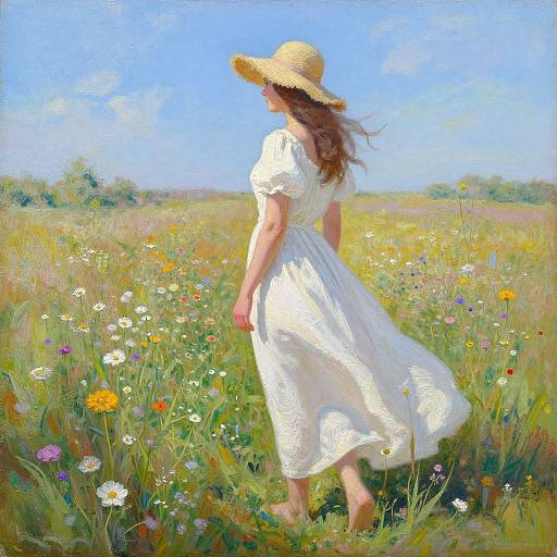 Digital painting of a woman in a white dress and straw hat, walking through a vibrant, sunny meadow of colorful wildflowers.