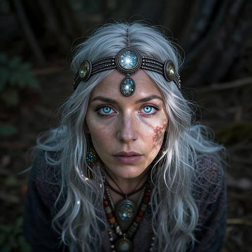 Photograph of a white-haired woman with striking blue eyes, wearing a jeweled headpiece and necklace, in a dark, forested background.