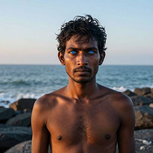 Photograph of a muscular, shirtless, dark-skinned man with wet, tousled black hair and intense blue eyes, standing on rocky shoreline with