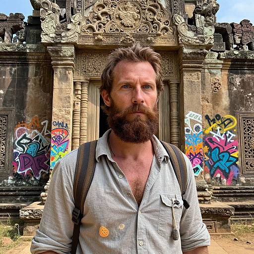 Photograph of a bearded, middle-aged man with tousled brown hair, wearing an unbuttoned light-gray shirt and backpack, standing in front
