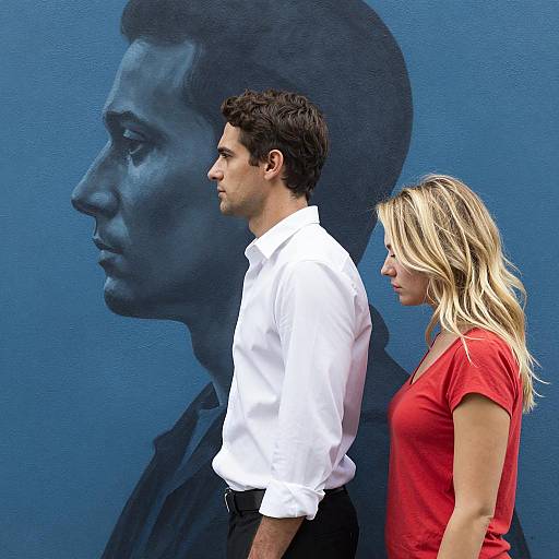 Man and Woman Standing by Blue Mural