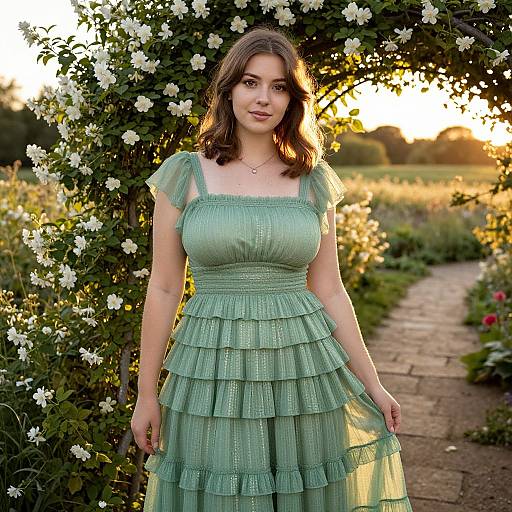 Young Woman in Rustic Garden at Sunset