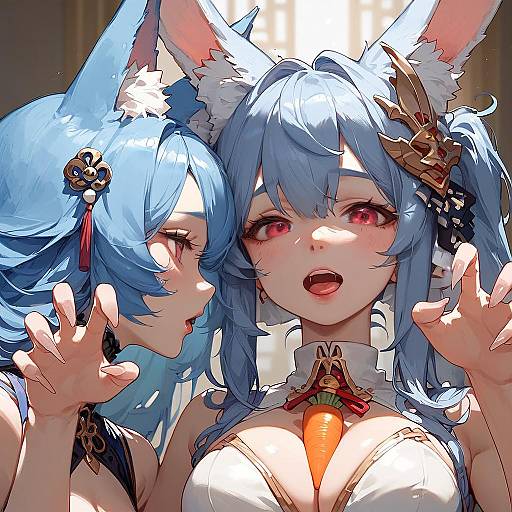Anime Style Three Blue-Haired Animal Ear Girls