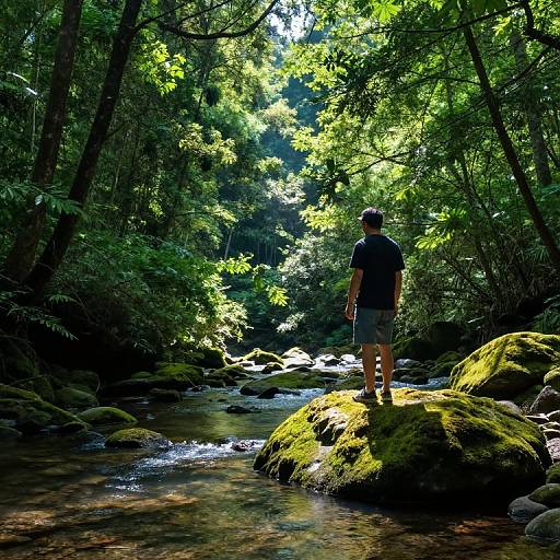 Photograph of a man in a black shirt and gray shorts standing on a mossy rock in a sunlit, dense forest stream.