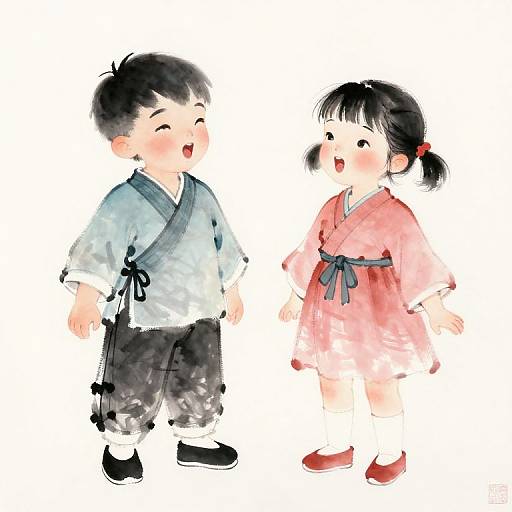 Traditional Chinese Ink Painting of Singing Kids