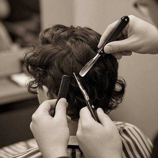 Photograph of a hairdresser's hands combing and cutting a man's curly brown hair, with a blurred salon background. Monochromatic sep