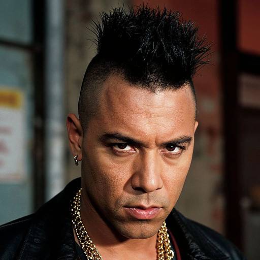 Photograph of a serious-looking man with dark skin, short spiked black hair, black leather jacket, gold chain necklace, and earring, set against