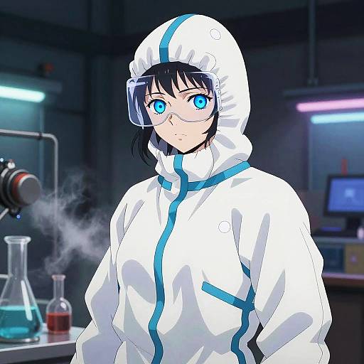 Anime-style drawing of a young woman with blue eyes, black hair, and glasses, wearing a white hazmat suit with blue accents, standing in a