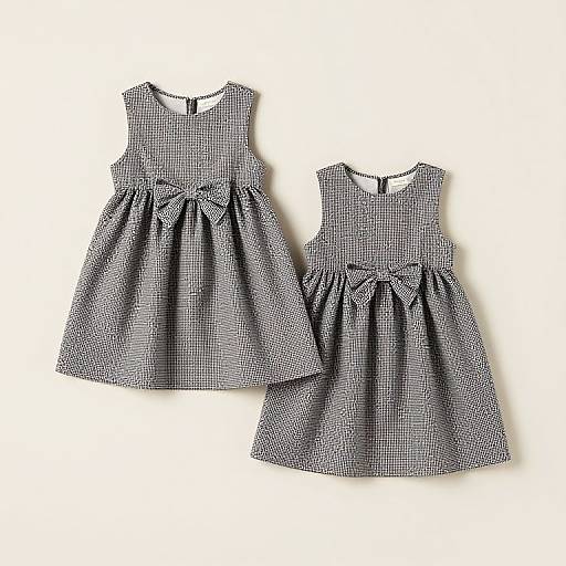 Photograph of two black-and-white checkered sleeveless dresses with bow ties, laid flat on a white background.