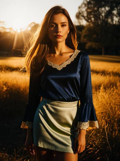Young Woman in Chic Navy Blue Blouse and Mint Skirt at Sunset