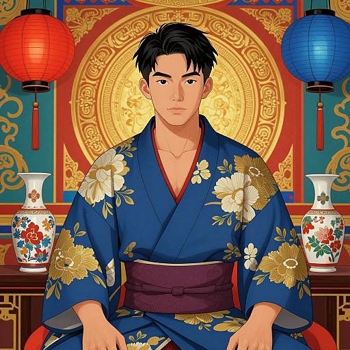 Digital anime-style drawing of a handsome Asian man in a blue floral kimono, seated in an ornate, gold-patterned room with red lanterns