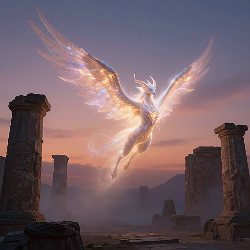 Digital art: A radiant, glowing phoenix with ethereal wings soars between ancient, crumbling stone pillars against a twilight sky with purple and pink hues.