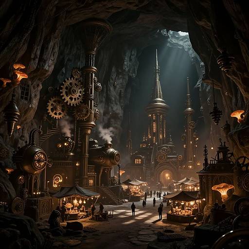 Fantasy steampunk cave market scene; illuminated gears, smokestacks, and gothic towers. Figures walk under moonlight, surrounded by market