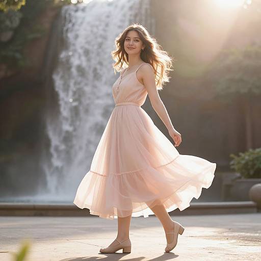 Photograph of a smiling young woman with wavy brown hair, wearing a flowing pink dress and beige sandals, walking in front of a sunlit waterfall
