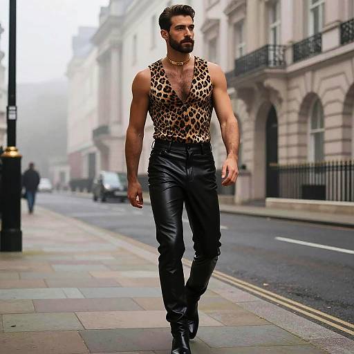 Photograph of a muscular, bearded man with dark hair, wearing a leopard-print sleeveless shirt and black leather pants, walking down a misty