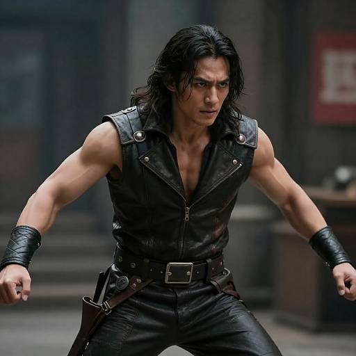 Muscular Leather Warrior in Industrial Night