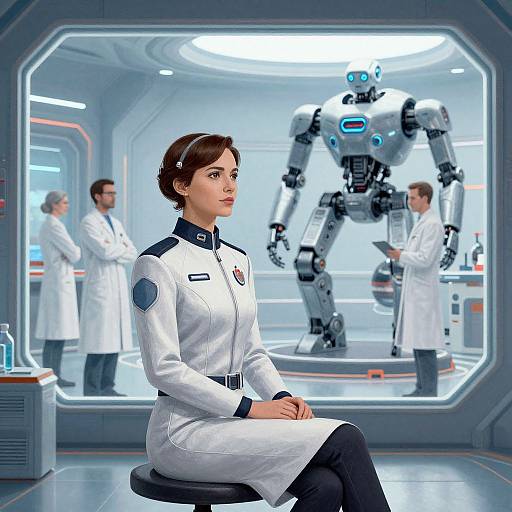 Digital art: Young woman in white sci-fi uniform, seated in futuristic lab; robotic figure in background; three scientists in white coats.