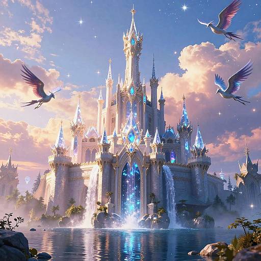 Fantasy castle with glowing blue spires, cascading waterfalls, and majestic birds in flight against a vibrant sunset sky. Digital artwork.