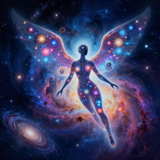 Digital artwork of a glowing, silhouetted angelic figure with neon, star-patterned wings, floating in a vibrant, cosmic nebula filled