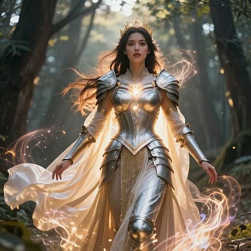 Digital artwork of a fierce, beautiful woman in silver armor with flowing white cape, surrounded by fiery energy, walking through a mystical forest. Her crown gl